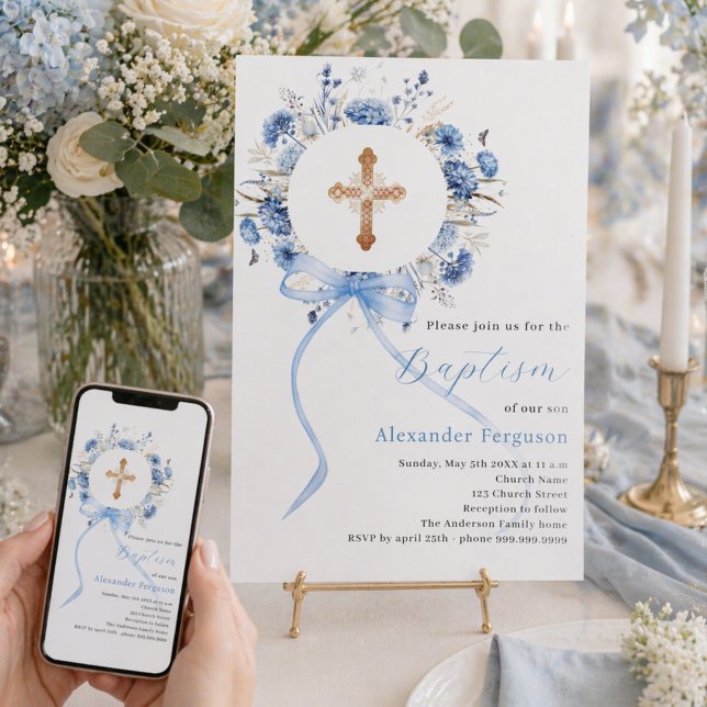 Blue floral wreath cross bow boy baptism invitation (Creator Uploaded)