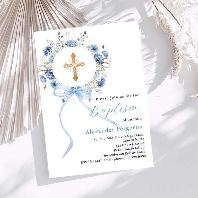 Blue floral wreath cross bow boy baptism invitation (Creator Uploaded)