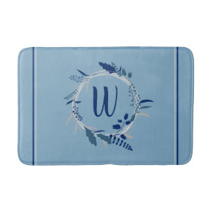 Blue Floral Wreath Custom Monogram Stripes Bath Mat