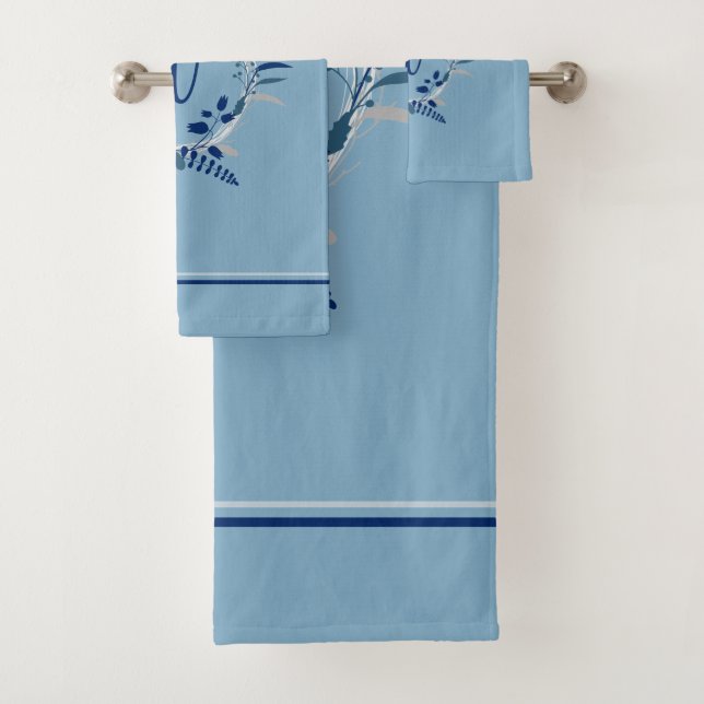 Blue Floral Wreath Custom Monogram Stripes Bath Towel Set (Insitu)
