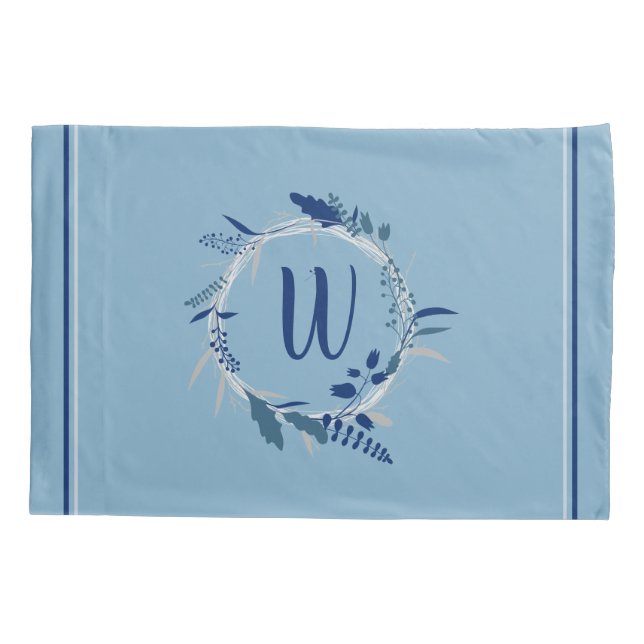 Blue Floral Wreath Custom Monogram Stripes Pillowcase (Back)