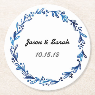 Blue Floral Wreath Customizable Round Paper Coaster