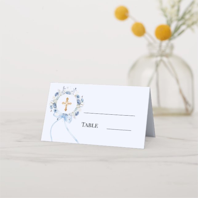 Blue floral wreath gold cross bow boy baptism place card (Front)