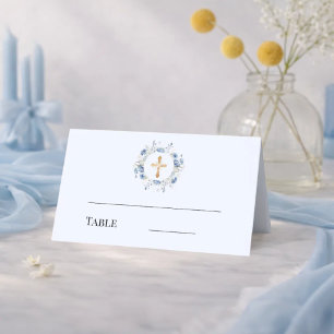 Blue floral wreath gold cross boy baptism place card