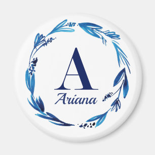 Blue Floral Wreath Monogram 'A' Magnet