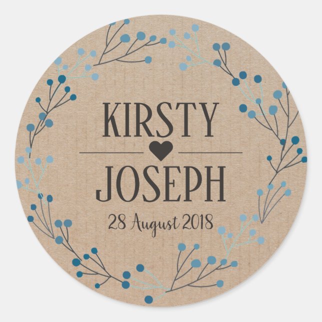 Blue Floral Wreath Monogram Craft Wedding Sticker (Front)