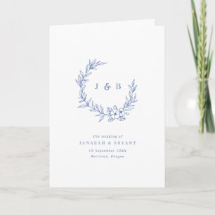 Blue Floral Wreath Monogram Folded Wedding Program