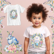 Blue Floral Wreath Rabbit Pink Flowers 1st Easter
