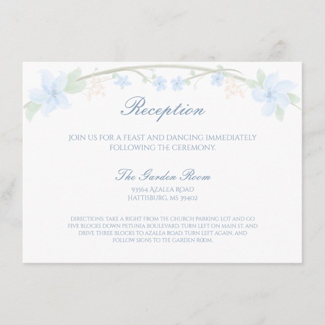 Blue Floral Wreath Reception Enclosure Card (Front)