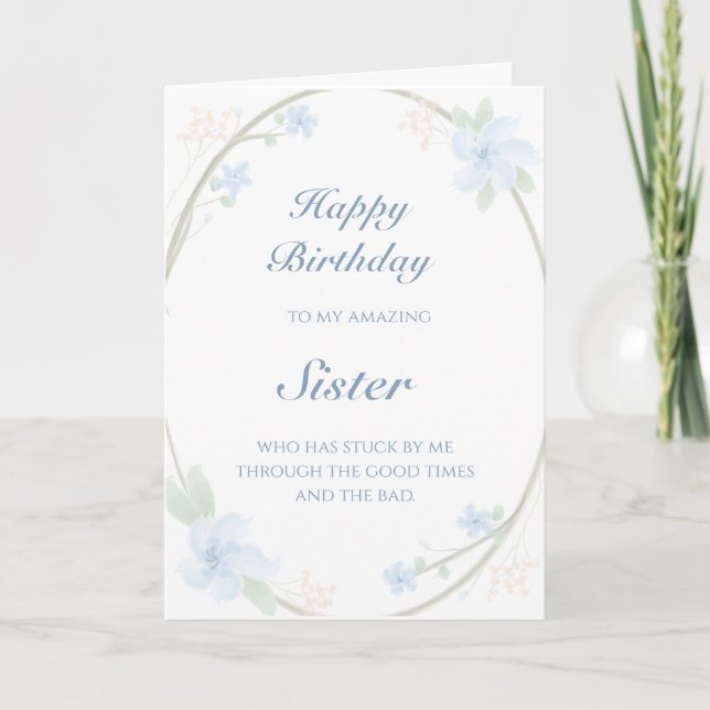 Blue Floral Wreath Sister Birthday Card (Front)