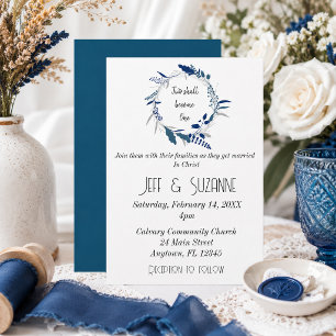 Blue Floral Wreath Two Become One Wedding Invitation