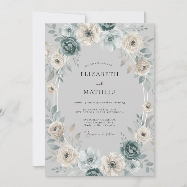 Blue Floral Wreath Wedding Invitation (Front)