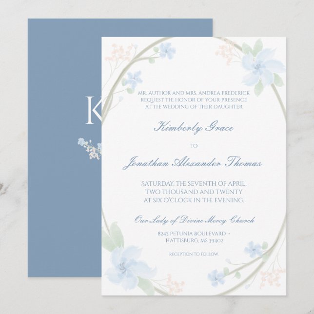 Blue Floral Wreath Wedding Invitaton Invitation (Front/Back)