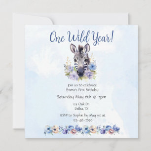Blue Floral Zebra Birthday  Invitation