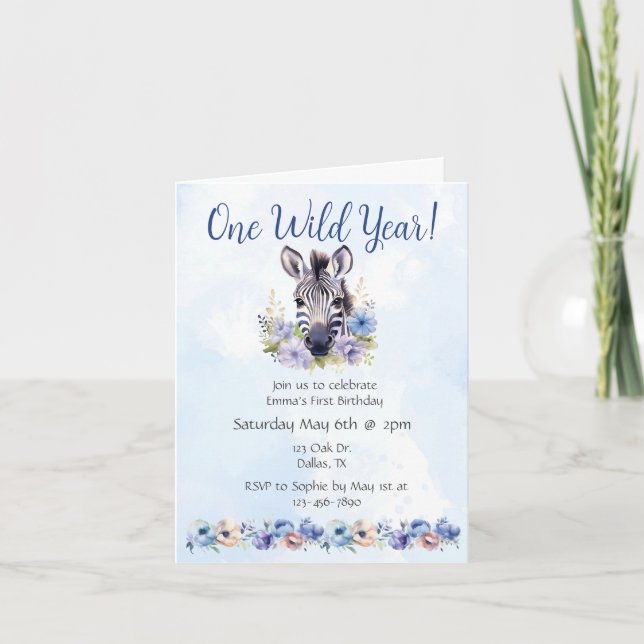 Blue Floral Zebra Birthday  Invitation (Front)