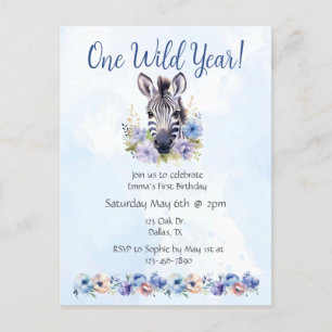 Blue Floral Zebra Birthday Invitation Postcard