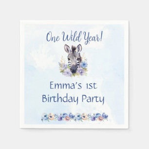 Blue Floral Zebra Birthday Napkin