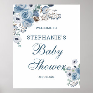 Blue Florals Baby Shower Welcome Poster Sign