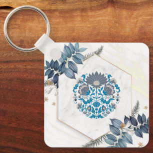 Blue Florals, Delicate Botanical Frame Keychain