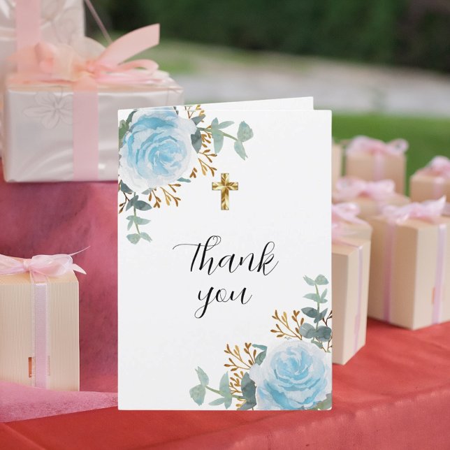 Blue florals eucalyptus cross photo baptism thank you card (Creator Uploaded)