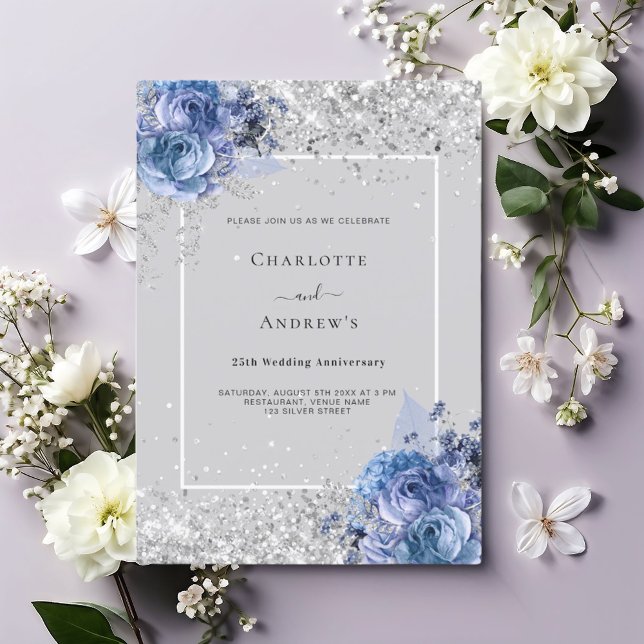 Blue florals grey silver 25th wedding anniversary invitation (Creator Uploaded)