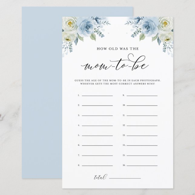 Blue Florals How Old Was the Mom-to-be Game Card (Front/Back)