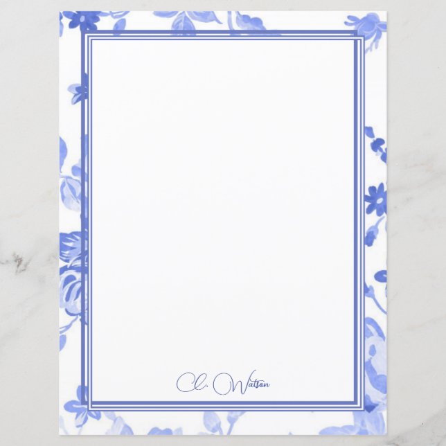 Blue Florals on White Personalized Paper Sheet (Front)