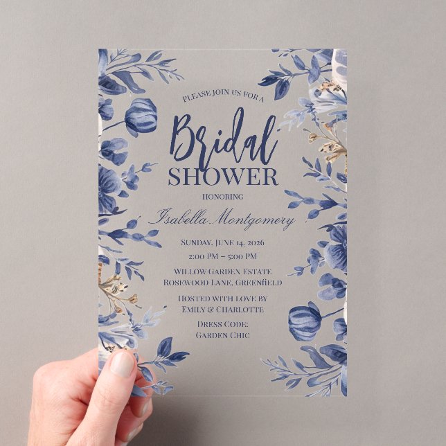 Blue Florals Ornate Bridal Shower Acrylic Invitations (Insitu (Handheld))