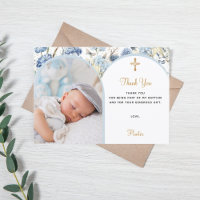 Blue florals photo arch boy Baptism Thank You card
