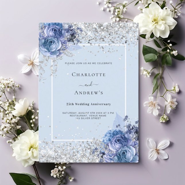 Blue florals silver 25th wedding anniversary invitation (Creator Uploaded)