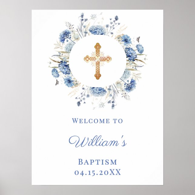 Blue florals wreath boy Baptism welcome Poster (Front)