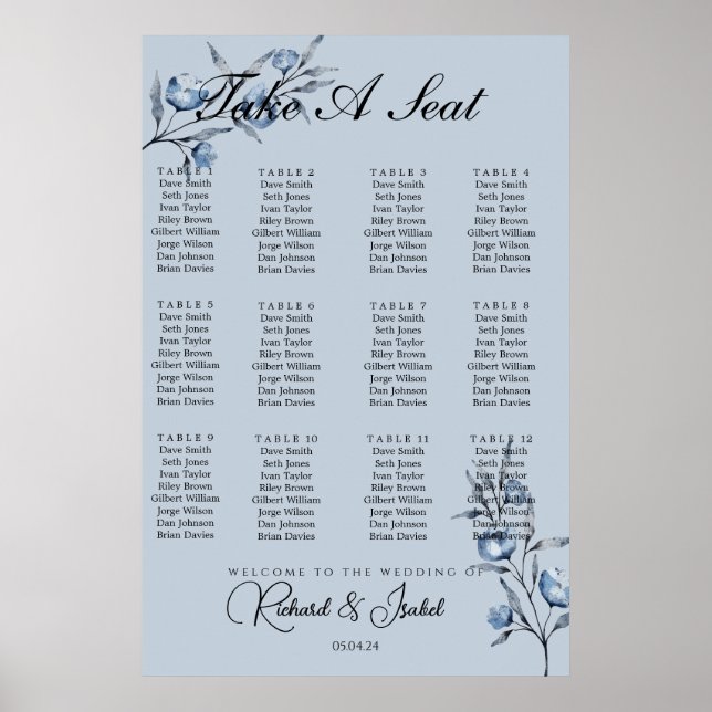 Blue Floris 24 Table Wedding Seating Chart  (Front)