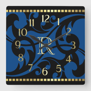 Blue Flourish Design Gold Border with Monogram Square Wall Clock