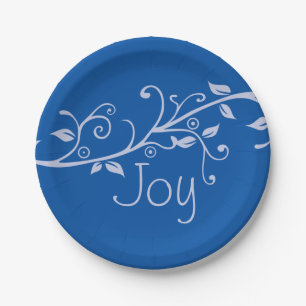 Blue Flourish Joy Christmas Party Paper Plate