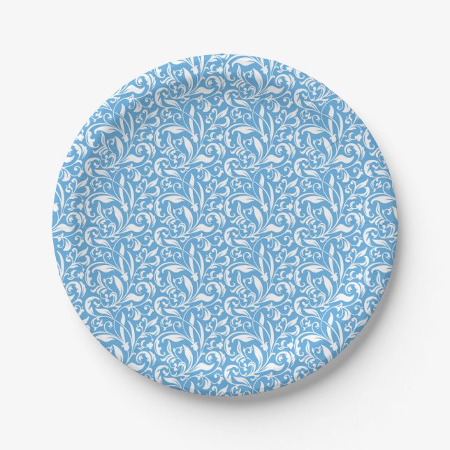 Blue Flourish Print Paper Plate (Front)