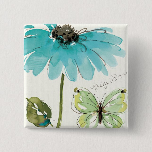 Blue Flower and Butterfly 2 Inch Square Button (Front)