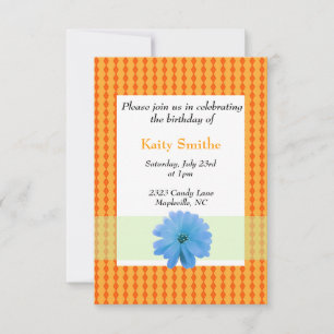 Blue Flower and Orange Diamond Birthday Invitation