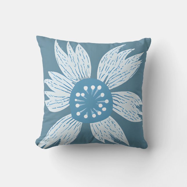 Blue Flower Bloom Modern Throw Pillow (Front)