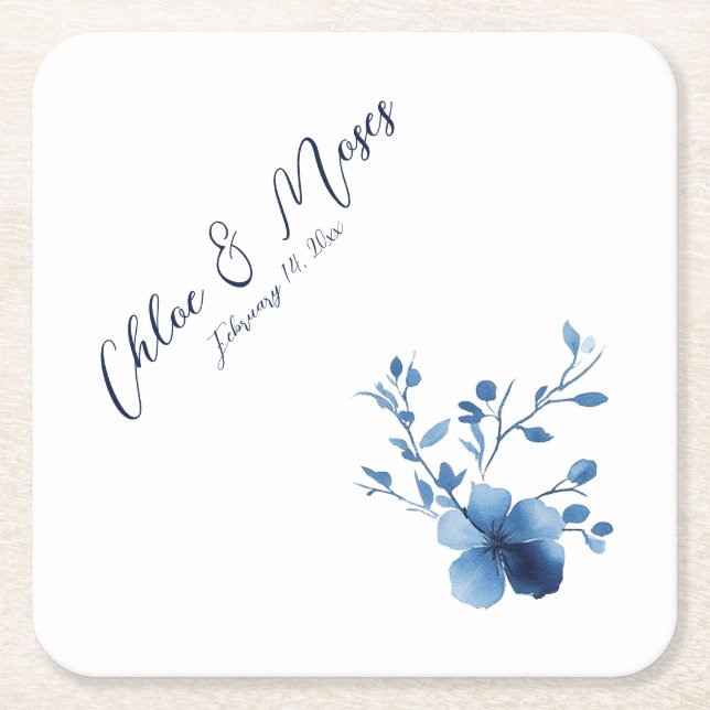 Blue, Flower Blossom, small, Square Paper Coaster (Front)