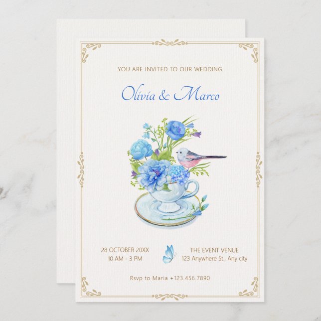 Blue flower bouquet bird wedding invitation (Front/Back)