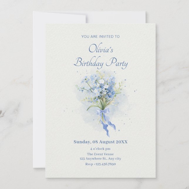 Blue flower bouquet birthday invitation (Front)