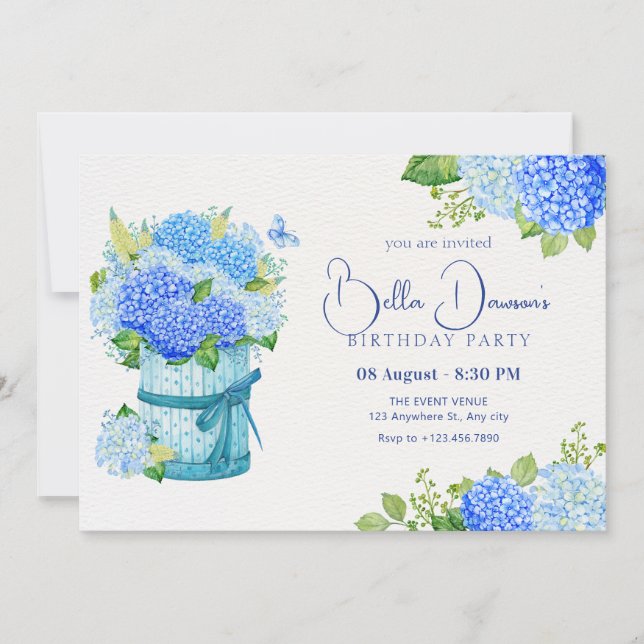 Blue flower bouquet birthday invitation (Front)