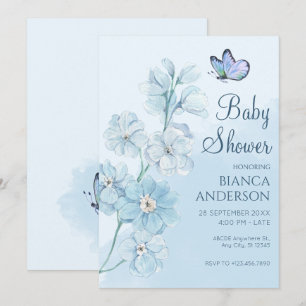 Blue Flower butterfly Watercolor Baby Shower Invitation