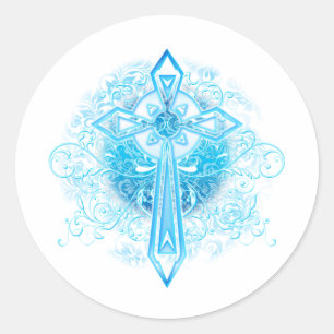 Blue Flower Cross Classic Round Sticker