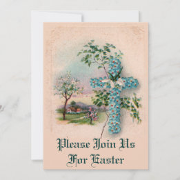 Blue Flower Cross Easter Invitation