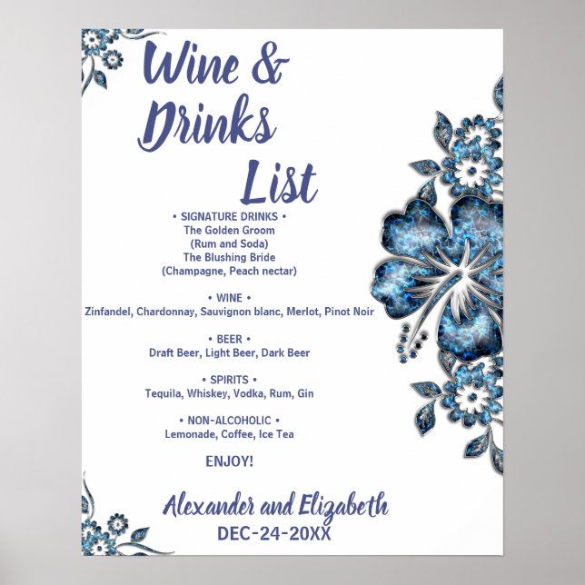 Blue Flower Drinks list Bridal Wedding Poster (Front)