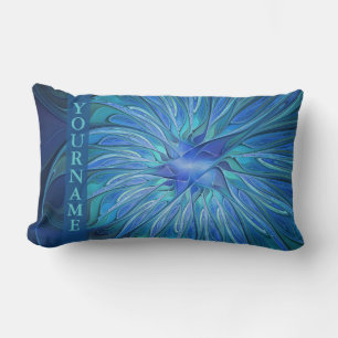 Blue Flower Fantasy Pattern, Abstract Art Name Lumbar Pillow