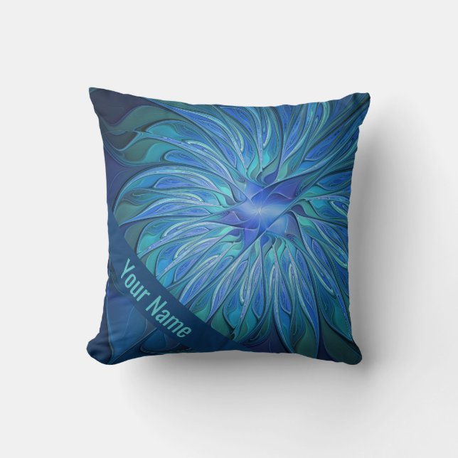 Blue Flower Fantasy Pattern, Abstract Art Name Throw Pillow (Front)