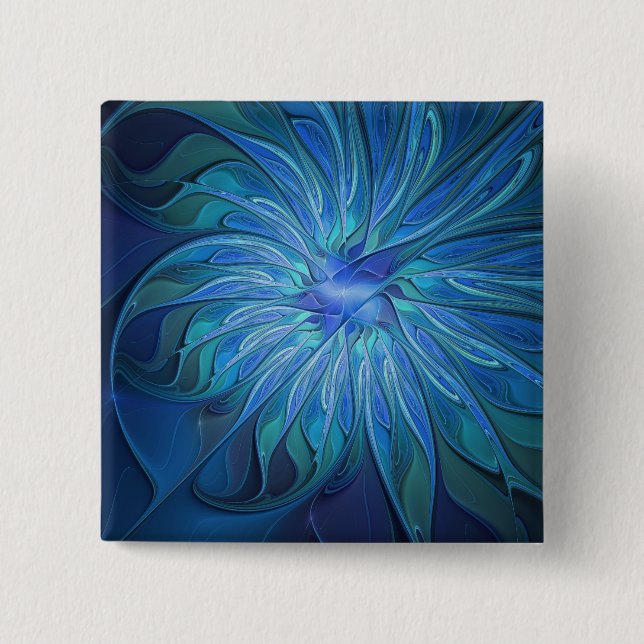 Blue Flower Fantasy Pattern, Abstract Fractal Art 2 Inch Square Button (Front)
