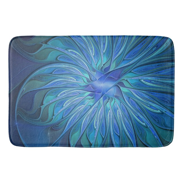 Blue Flower Fantasy Pattern, Abstract Fractal Art Bath Mat (Front)